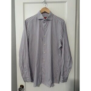 Isaia Napoli Leuca Mix Dress Shirt Men’s 42 Burgundy Gray Stripe Made Italy